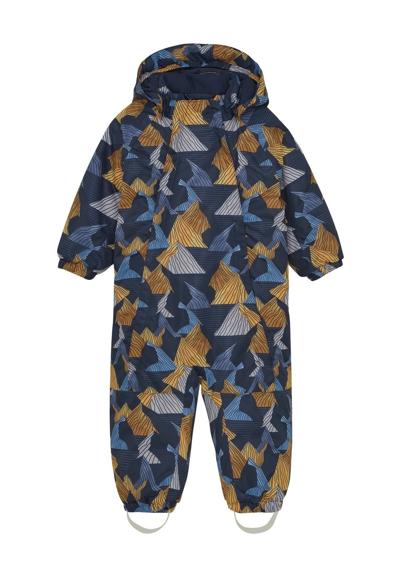 Vattentät snälldr�äkt för barn med huva, i marinblått med geometriska mönster i gult, blått och grått, elastiska ärmslut och fotremmar.