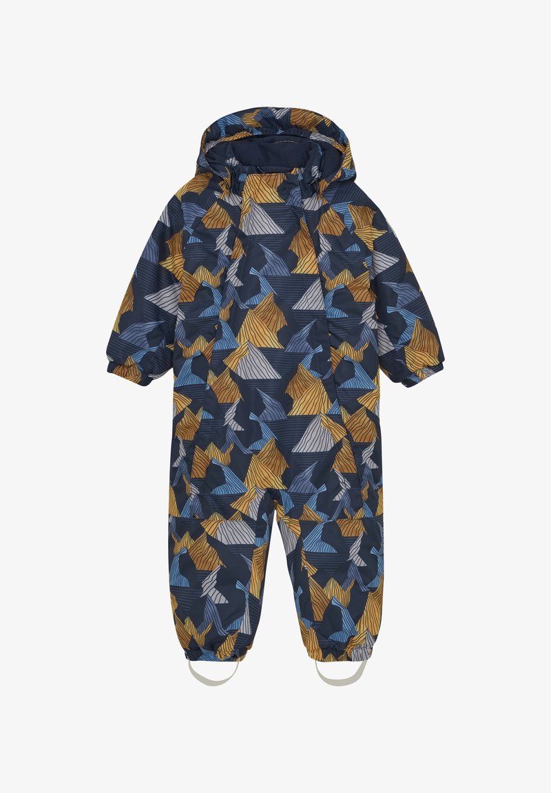 Wodoodporny kombinezon narciarski dla dzieci z kapturem, w granatowym tle z geometrycznymi wzorami w kolorze żółtym, niebieskim i szarym, z elastycznymi mankietami i paskami na buty.