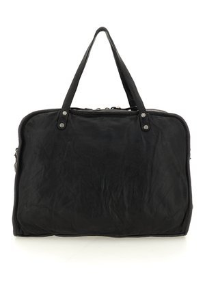 Borsa rettangolare in pelle nera con due manici corti e chiusura con zip, progettata per trasportare oggetti personali.