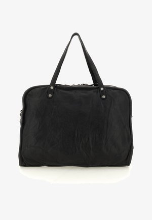 Borsa rettangolare in pelle nera con due manici corti e chiusura con zip, progettata per trasportare oggetti personali.