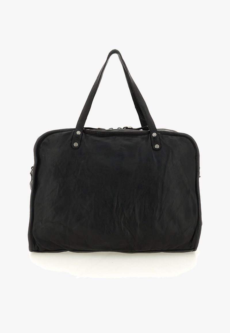 Borsa rettangolare in pelle nera con due manici corti e chiusura con zip, progettata per trasportare oggetti personali.