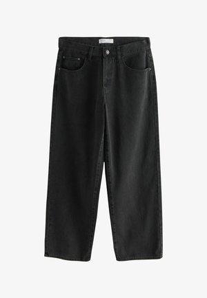 Jean en denim noir à jambes larges avec une taille mi-haute, comportant deux poches avant, une fermeture à bouton et des détails de couture subtils.