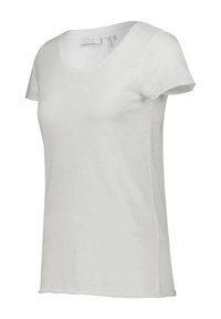 Wit T-shirt met korte mouwen, zachte stof, scoop halslijn, ontspannen pasvorm, naadloze constructie, lichtgewicht textuur, eenvoudig ontwerp.