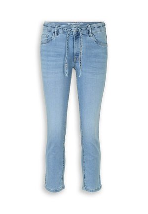 Light blue slim-fit denim jeans with front pockets, belt loops, and a drawstring at the waist, cropped above the ankles.