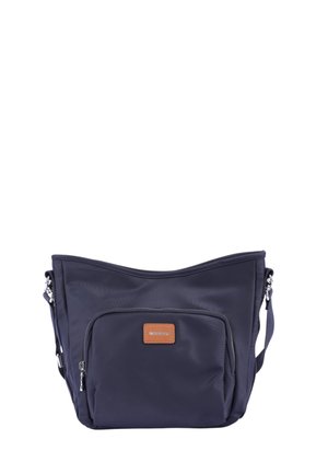 Borsa a tracolla blu navy con tasca frontale con cerniera, tracolla regolabile e etichetta del marchio marrone sulla tasca frontale.