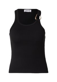 Zwarte geribde tanktop met een vierkante halslijn, voorzien van een gouden hardware accent op één schouder. Soepele textuur en aansluitend ontwerp.