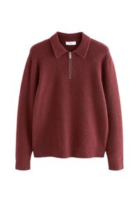 Pull en polaire bordeaux avec une demi-fermeture éclair, un col, et des poignets et ourlet côtelés. Texture douce et coupe décontractée. Étiquette visible au niveau de l'encolure.