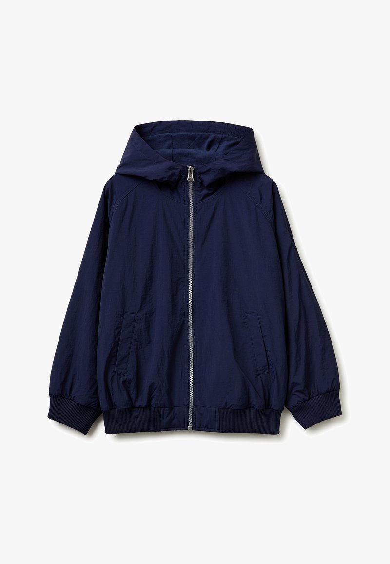 Navy blue hooded jacket with front zipper, elastic cuffs and hem, and two angled front pockets.