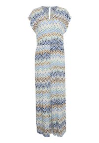 Maxi kleit V-kaeluse ja võtmeaugu detailiga, millel on kerge taustal sinised, rohelised ja beežid zigzag-mustrid. Lühikesed varrukad.