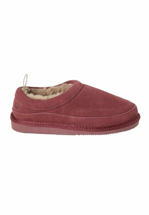 Burgundy slipper made of suede, featuring a soft, faux fur lining, slip-on design, and textured rubber sole for grip.