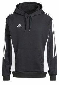 Felpa nera Adidas con strisce bianche sulle maniche, pannelli laterali bianchi, tasca a marsupio frontale e lacci per la regolazione del cappuccio.