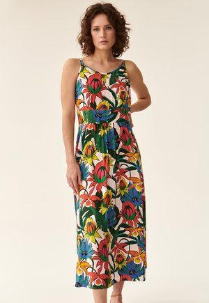 Blumenmuster-Maxikleid in Rot-, Gelb-, Grün- und Blautönen, mit taillierter Passform und fließendem Rock. Hergestellt aus leichtem Stoff.