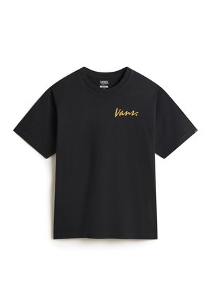 Sort bomulds t-shirt med korte ærmer, prydet med et guld Vans-logo broderet på venstre bryst. Klassisk crew neck design.