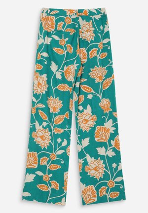 Pantaloni larghi color verde acqua con motivo floreale arancione e bianco e due tasche posteriori.