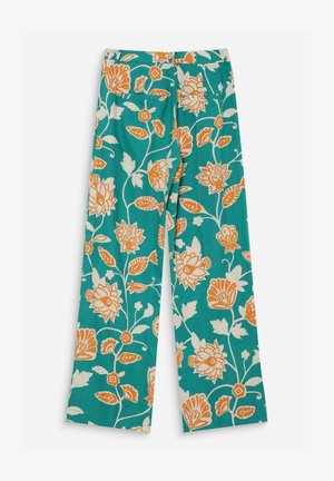Pantaloni larghi color verde acqua con motivo floreale arancione e bianco e due tasche posteriori.