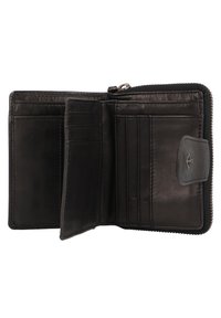 Portefeuille en cuir noir avec plusieurs emplacements pour cartes, une fermeture à glissière tout autour et une texture lisse. Inclut un petit compartiment à rabat avec quincaillerie.