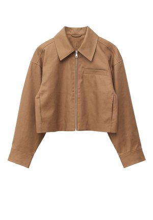 Light brown cropped jacket with a front zipper, wide collar, long sleeves, and a small chest pocket on the left side.