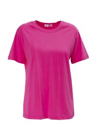 Kortærmet T-shirt med rund hals i glat stof i lys pink, med en løs pasform og synlige syninger langs kanterne.