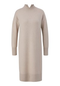 Abito in maglia beige con colletto a coste alto, maniche lunghe e polsini a coste. Presenta una vestibilità ampia e una silhouette dritta.
