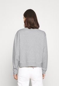 Gray cropped sweatshirt with a round neckline and drop shoulder design. Soft fabric texture, ribbed cuffs, and hemline detail.