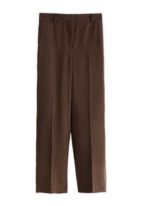 Pantaloni a gamba larga di colore marrone scuro uniforme, realizzati in tessuto liscio. Caratterizzati da vita piatta e tasche laterali discrete. Nessuna chiusura visibile.