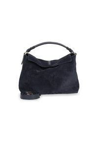 Granatowa torebka z zamszu o miękkiej strukturze, z zagiętym zapięciem u góry i odpinanym paskiem. Posiada elegancki, zakrzywiony kształt i minimalną ilość dodatków.
