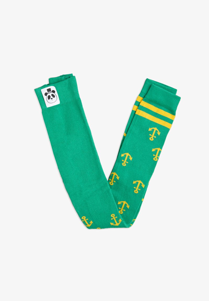 Green socks with yellow anchor patterns and two yellow stripes at the top. Features a black and white panda logo on one side.