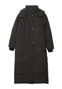 Crni podstavljeni dugi kaput s visokim ovratnikom, dugmićima na pritisak, elastičnim manžetama i kviltanim uzorkom. Glatki, lagani materijal.