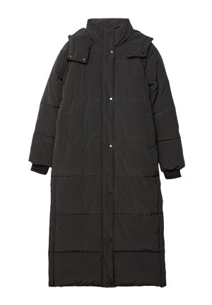 Schwarzer gepolsterter langer Mantel mit hohem Kragen, Druckknöpfen, elastischen Bündchen und gestepptem Muster. Glattes, leichtes Material.