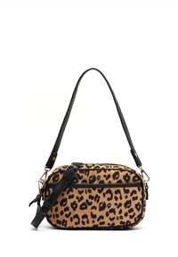 Otsikko leopardikuosisesta käsilaukusta beigen taustan ja mustien laikkujen kanssa, joissa on mustasta nahasta valmistettuja yksityiskohtia ja irrotettava olkahihna. Vetoketjuku Closure.