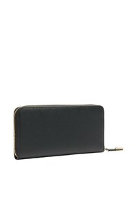 Portafoglio in pelle nera con texture, cerniera e hardware dorati, forma rettangolare allungata, con finitura liscia e senza motivi visibili.