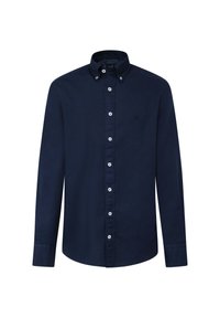 Navyblauw langslavend overhemd van katoen, met een button-down kraag, een knoopsluiting aan de voorkant en een klein logo op de borst.