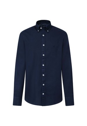 Navyblaues Langarmhemd aus Baumwolle mit Button-Down-Kragen, vorderem Knopfverschluss und kleinem Logo auf der Brust.