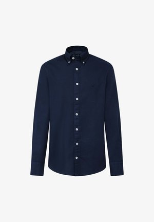 Navyblaues Langarmhemd aus Baumwolle mit Button-Down-Kragen, vorderem Knopfverschluss und kleinem Logo auf der Brust.