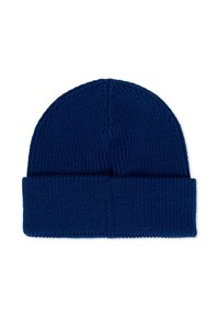 Cappello di lana blu a maglia con risvolto, caratterizzato da una texture a costine e una corona arrotondata, realizzato in materiale morbido e elasticizzato.
