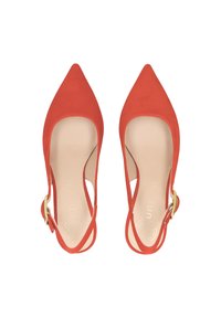 Red suede slingback shoes with a pointed toe, featuring a gold buckle accent and beige inner lining, showcasing a smooth texture.