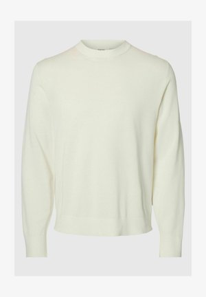 Long-sleeve cream-colored crewneck sweater with ribbed cuffs and hem, displayed on a plain light background.