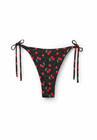 Černé bikinové spodky s potiskem třešní a zelenými listy, se zavazováním po stranách z hladké tkaniny a s vysokým výstřihem.