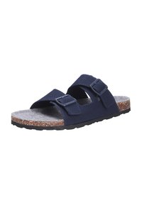 Sandali blu navy con due cinturini in rete regolabili e fibbie in metallo, dotati di una soletta in sughero e di una suola in gomma testurizzata.