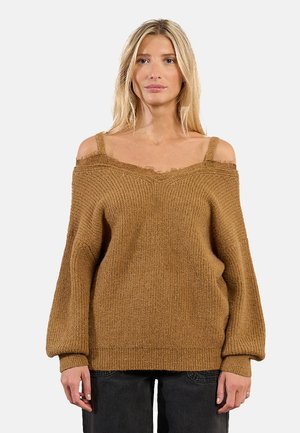 Maglione marrone a maglia con design sceso sulle spalle, maniche lunghe e polsini a coste. Tessuto testurizzato con vestibilità comoda e dettagli in pizzo.