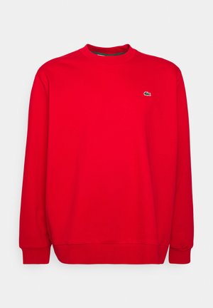 Rode sweatshirt met een ronde hals en ribbelmanchetten. Bevat een klein zwart en groen logo op de borst. Gemaakt van zachte stof.