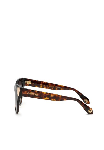 Roberto Cavalli Sonnenbrille mit Schildpatt-Muster, dunklen Gläsern, goldenen Akzenten und Logos an den Bügeln und Enden.