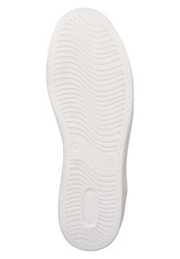 White rubber shoe sole with textured grooves and lines. Features a rounded tip and slight arch, marked with size indicators.