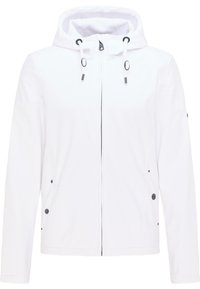 Biała bluza z kapturem na zamek, z troczkami, długimi rękawami oraz bocznymi kieszeniami zapinanymi na guziki.