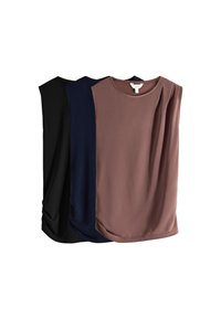 Three sleeveless tops in black, navy, and dusty rose. Soft fabric with a relaxed fit and round neckline; feature draped sides for added texture.