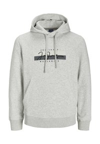 Sudadera gris claro de tela suave, con un bolsillo frontal, capucha con cordón y un estampado gráfico que dice "ORIGINALS WORLDWIDE" en colores oscuros.
