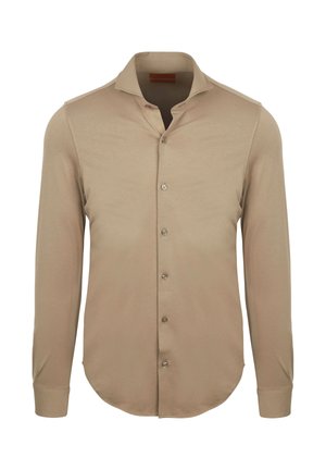 Beige langarmshirt met hoge kraag, knopen aan de voorkant en een gladde textuur. Rondom afgewerkte zoom en een getailleerde silhoeët.