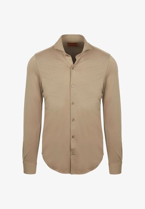Beige langarmshirt met hoge kraag, knopen aan de voorkant en een gladde textuur. Rondom afgewerkte zoom en een getailleerde silhoeët.