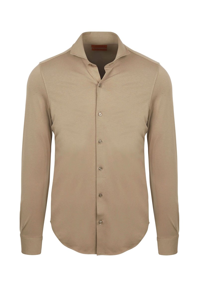 Beige langarmshirt met hoge kraag, knopen aan de voorkant en een gladde textuur. Rondom afgewerkte zoom en een getailleerde silhoeët.