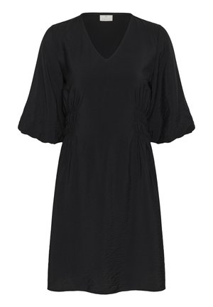 Melna ceļgalu garuma kleita ar V-veida izgriezumu, savākts vidukļa dizains un trīs ceturtdaļu garas pūslveida piedurknes.